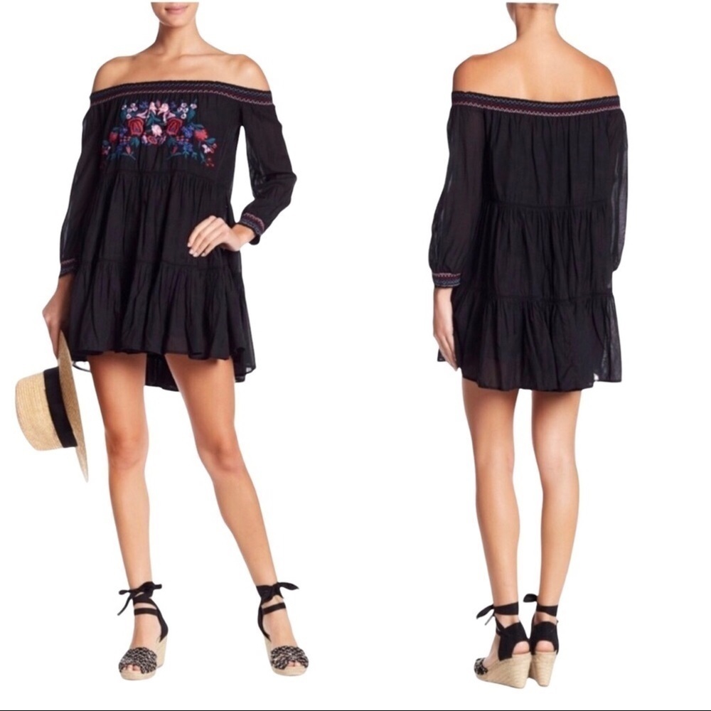 Free People Sunbeams Dress Embroidered Off The Shoulder Mini Black Size Small - Picture 2 of 8